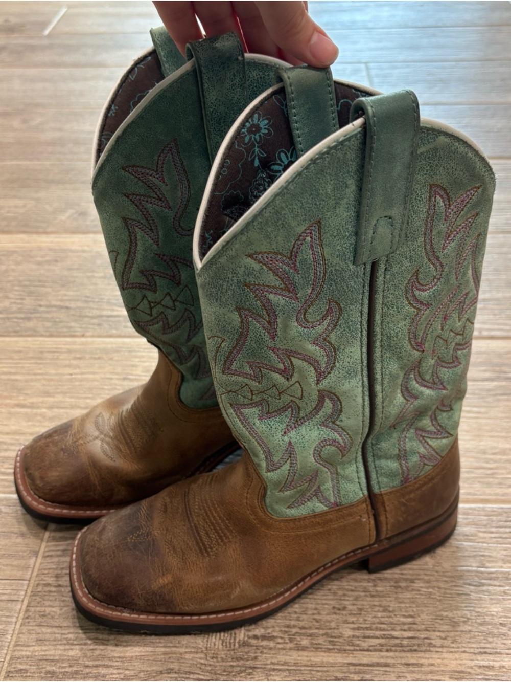 Laredo Ladies Anita Square Toe Western Cowboy Boots Brown & Turquoise 6 M - 5607